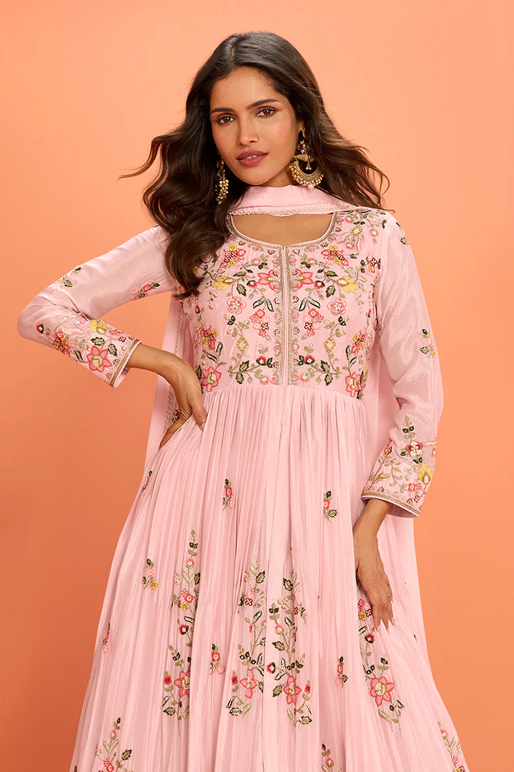 Baby Pink Crepe Silk Embroidered Anarkali Suit With Skirt - Image 2