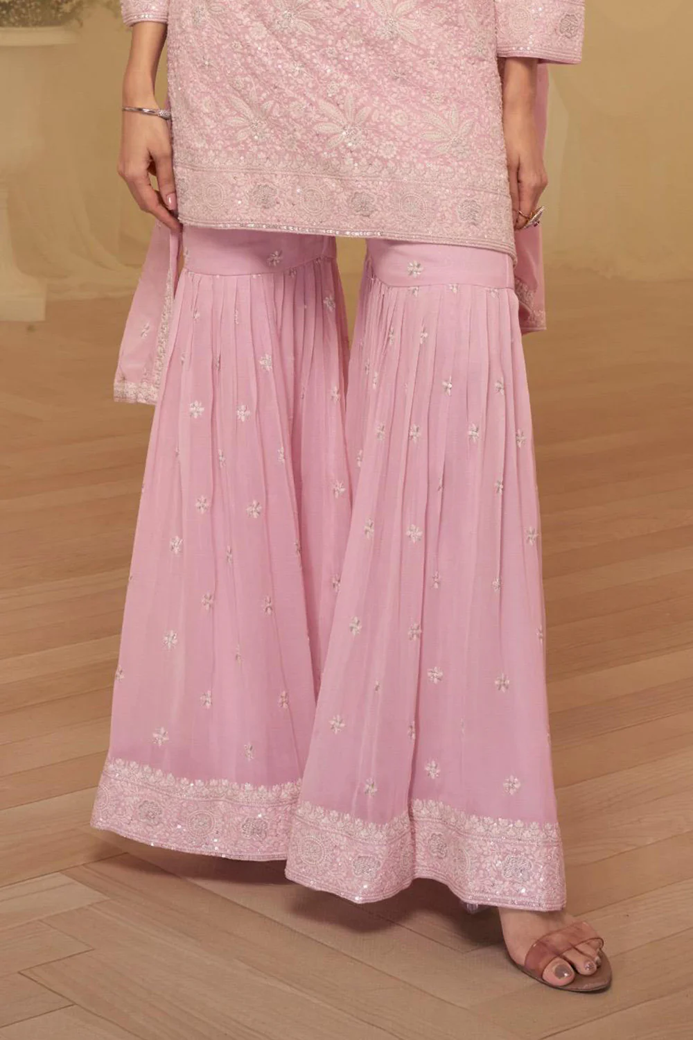 Baby Pink Georgette Embroidered Suit with Embroidered Gharara - Image 3