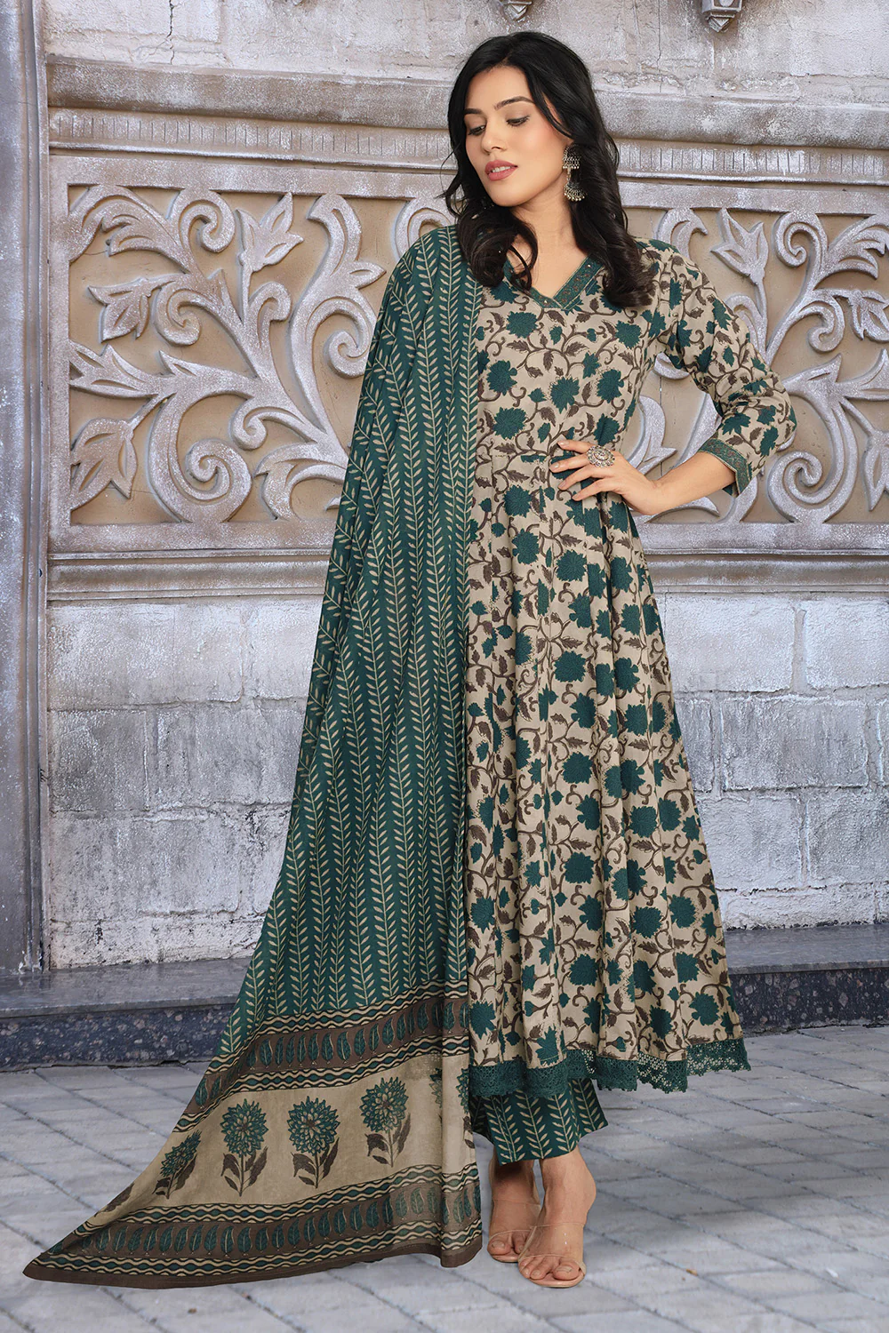 Beige & Blue Cotton Floral Printed Floor Lenght Anarkali Suit