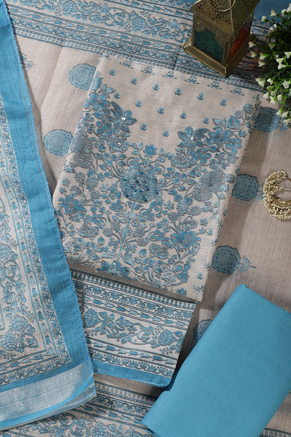 Beige & Blue Floral Printed Unstitched Suit Fabric - Image 2