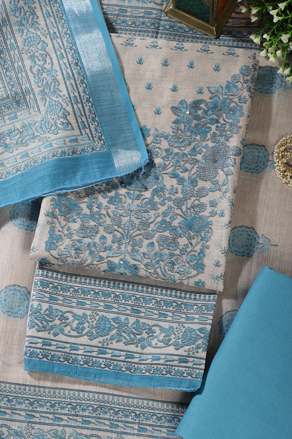Beige & Blue Floral Printed Unstitched Suit Fabric - Image 3