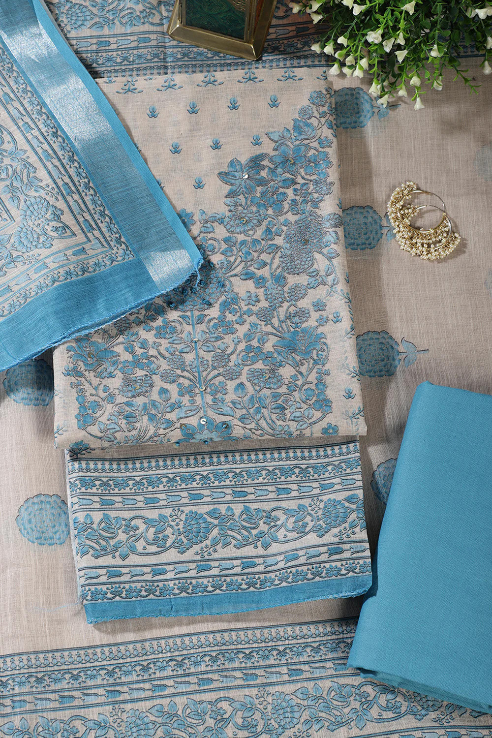 Beige & Blue Floral Printed Unstitched Suit Fabric - Image 4