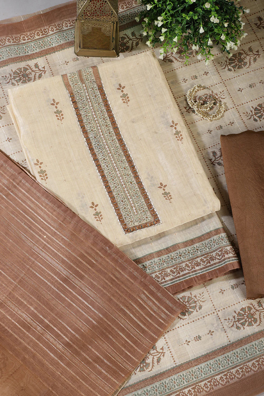 Beige & Brown Chanderi Cotton Floral Printed And Neck Embroidered Unstitched Suit Material - Image 2