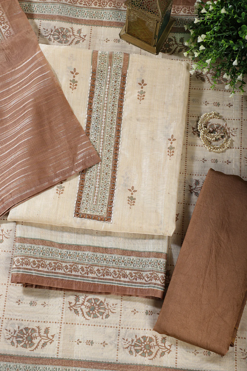 Beige & Brown Chanderi Cotton Floral Printed And Neck Embroidered Unstitched Suit Material - Image 3