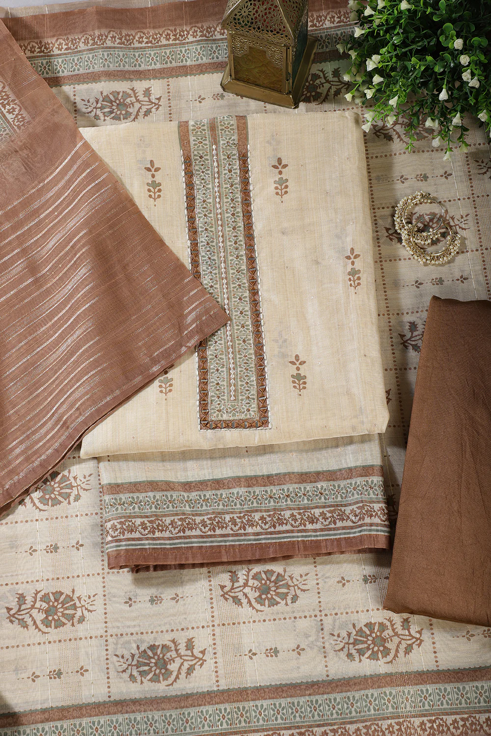 Beige & Brown Chanderi Cotton Floral Printed And Neck Embroidered Unstitched Suit Material - Image 4