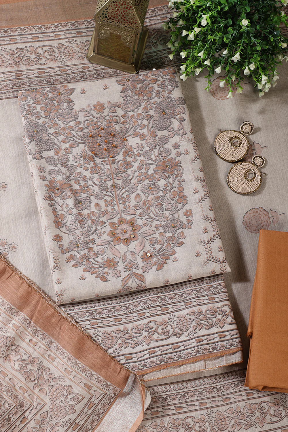 Beige & Brown Floral Printed Unstitched Suit Fabric - Image 2