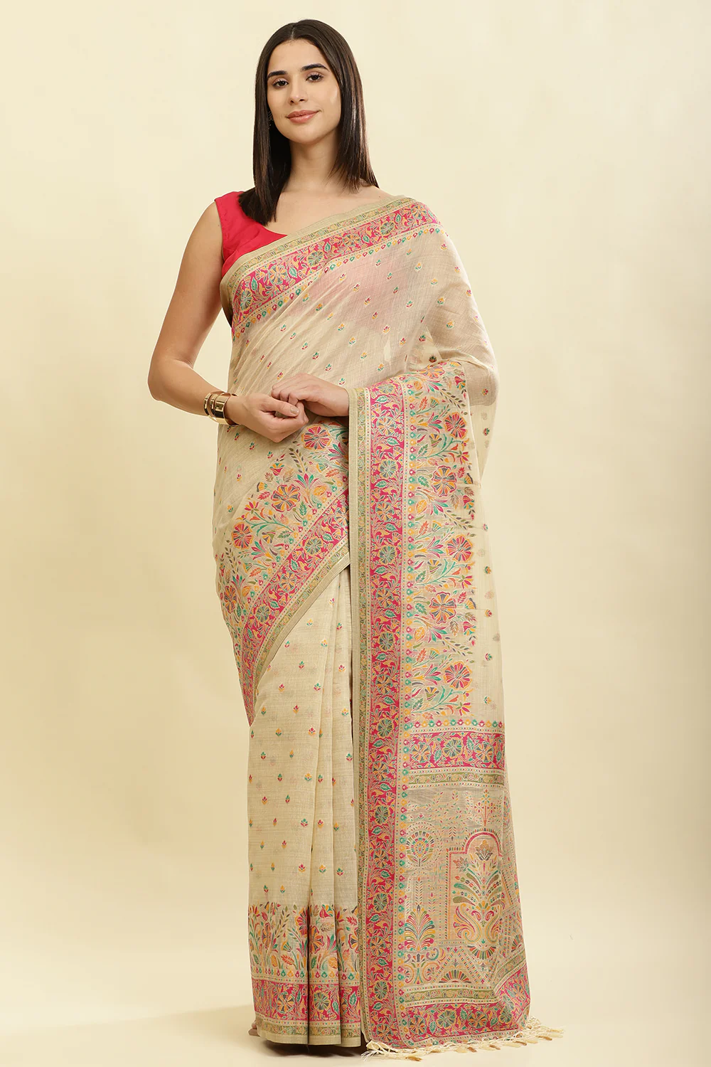 Beige Chanderi Cotton kashida Weaves Saree - Image 4