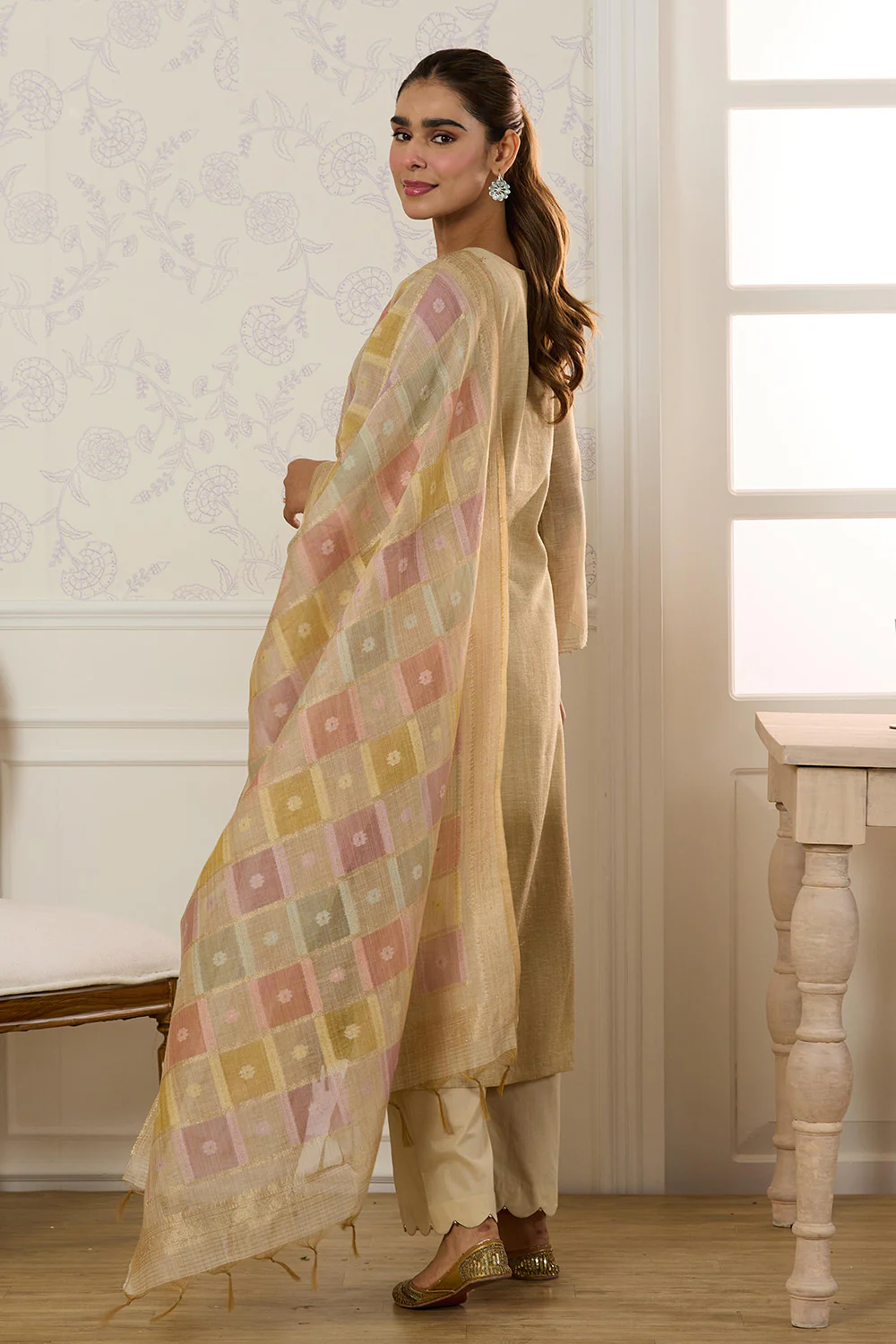 Beige Chanderi Cotton Resham And Zardosi Embroidered Unstitched Suit Material - Image 3