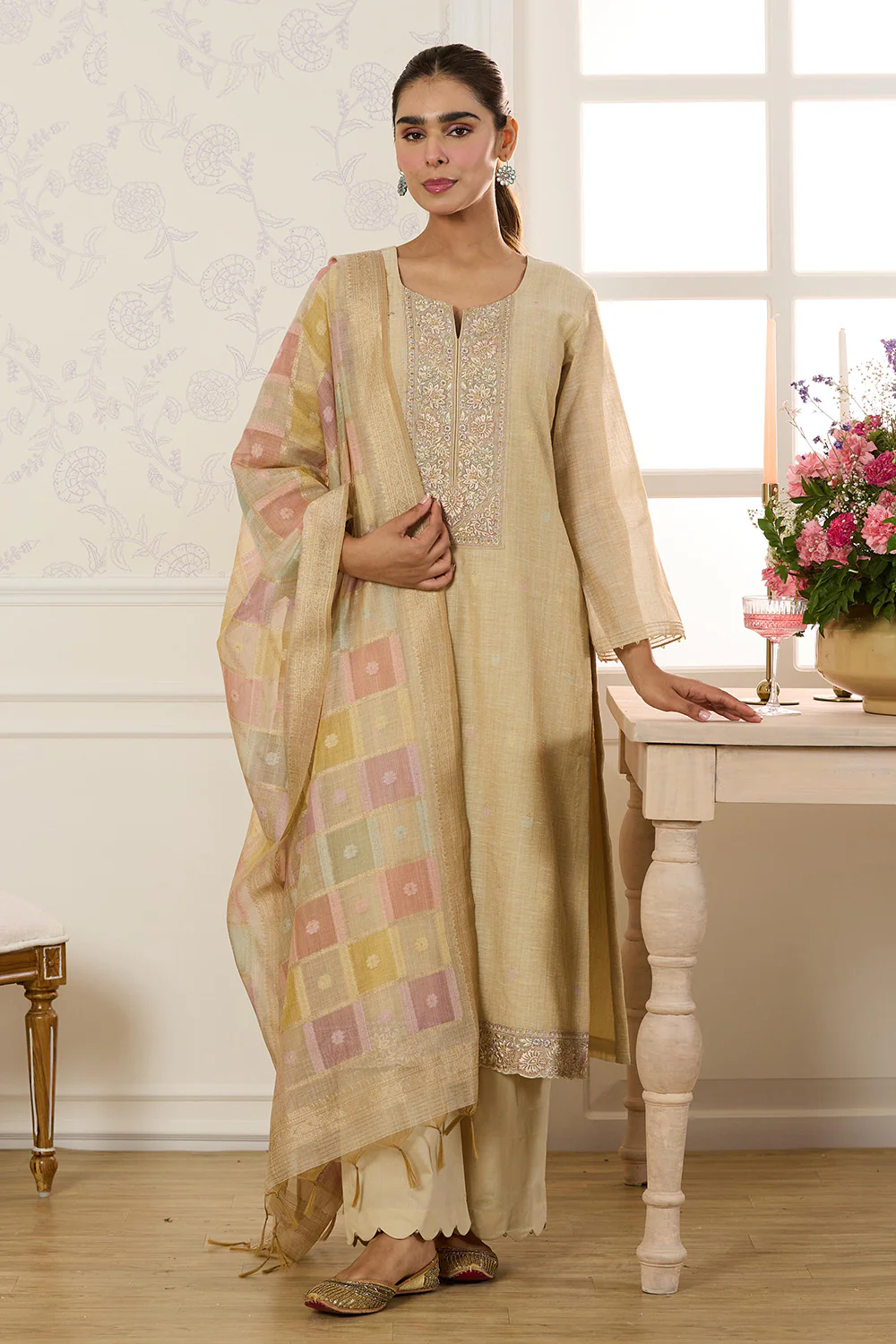 Beige Chanderi Cotton Resham And Zardosi Embroidered Unstitched Suit Material - Image 4