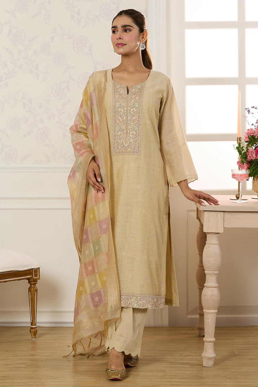 Beige Chanderi Cotton Resham And Zardosi Embroidered Unstitched Suit Material - Image 5