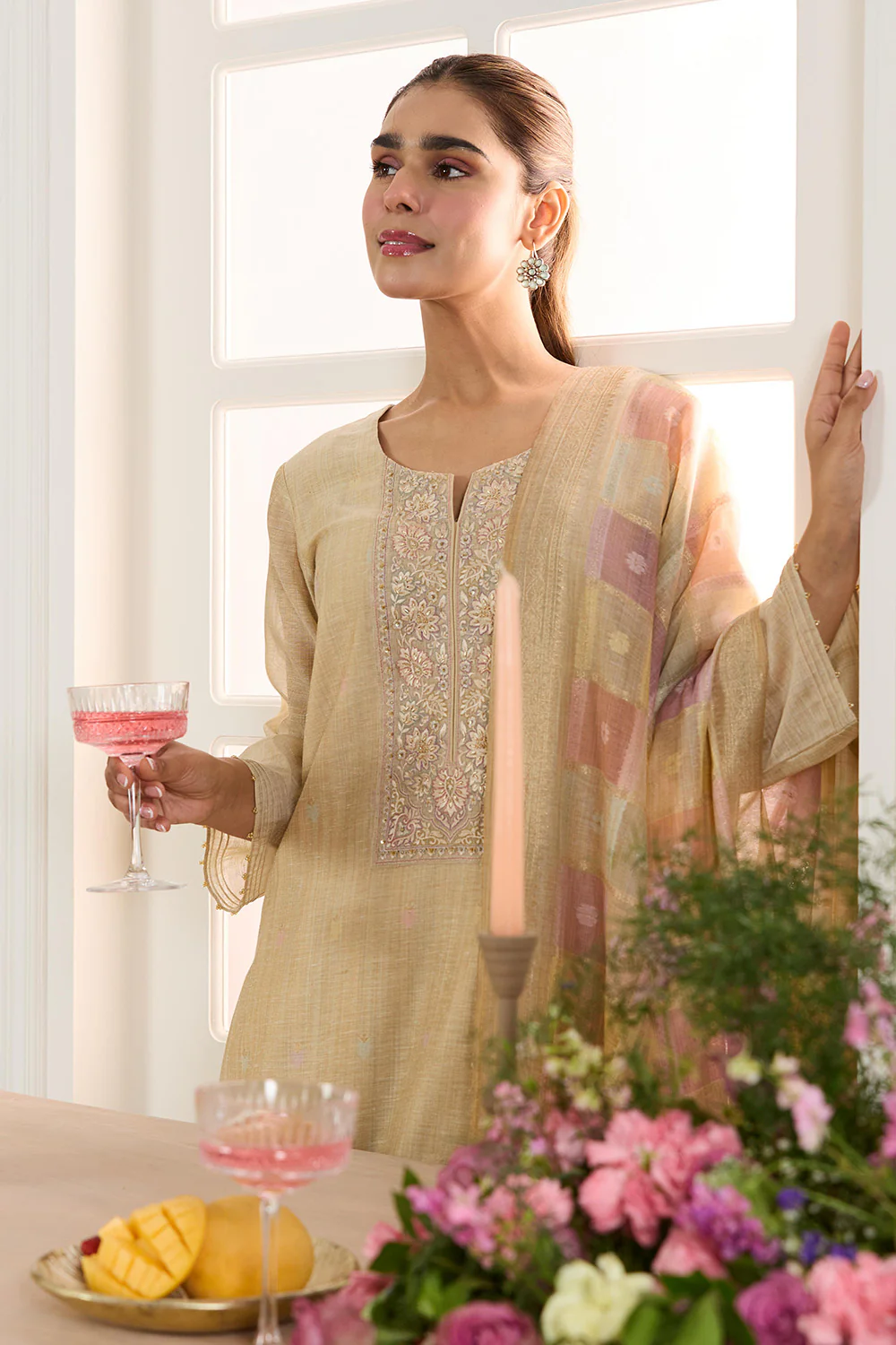Beige Chanderi Cotton Resham And Zardosi Embroidered Unstitched Suit Material - Image 7
