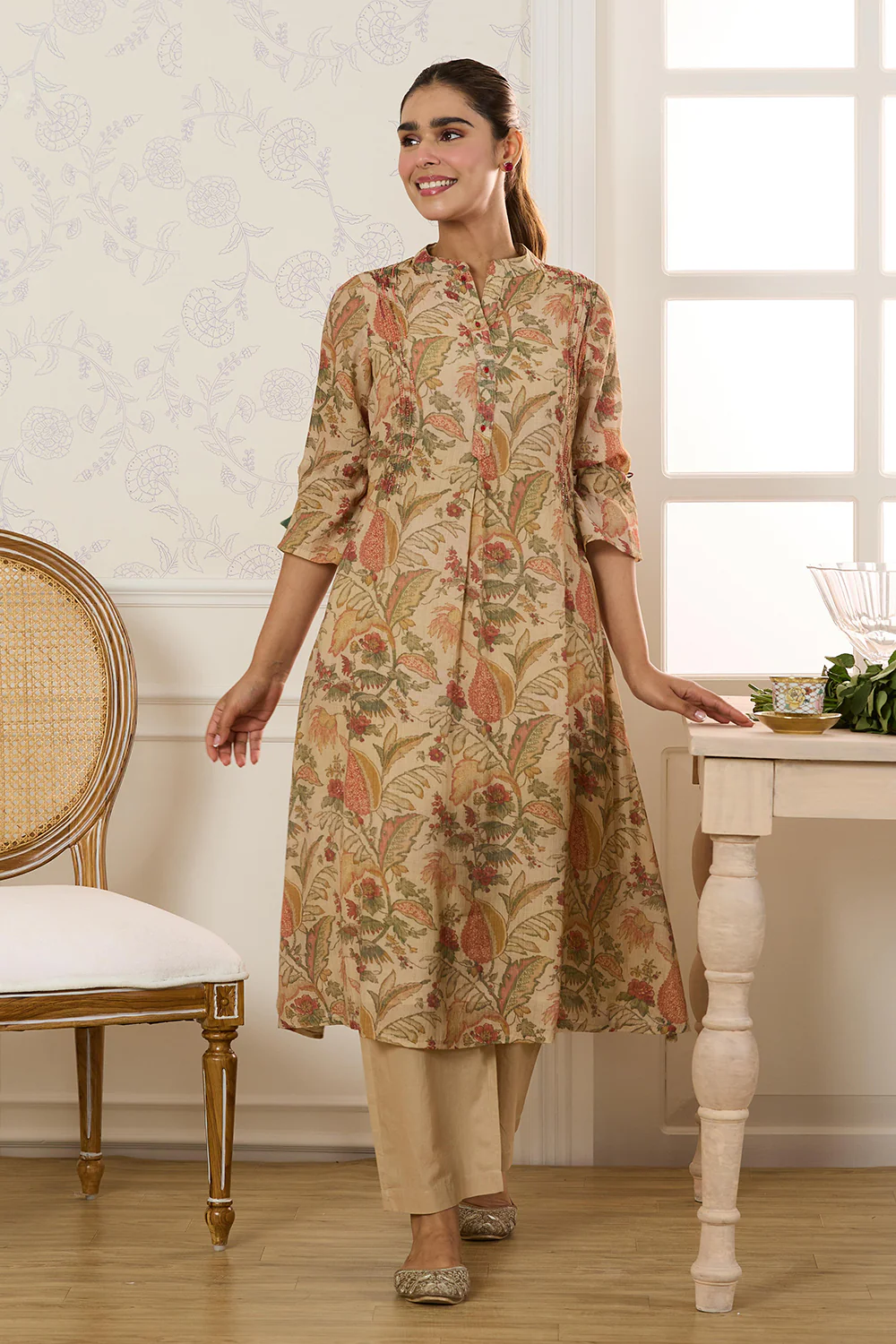 Beige Chanderi Silk Floral Printed Kurta Set