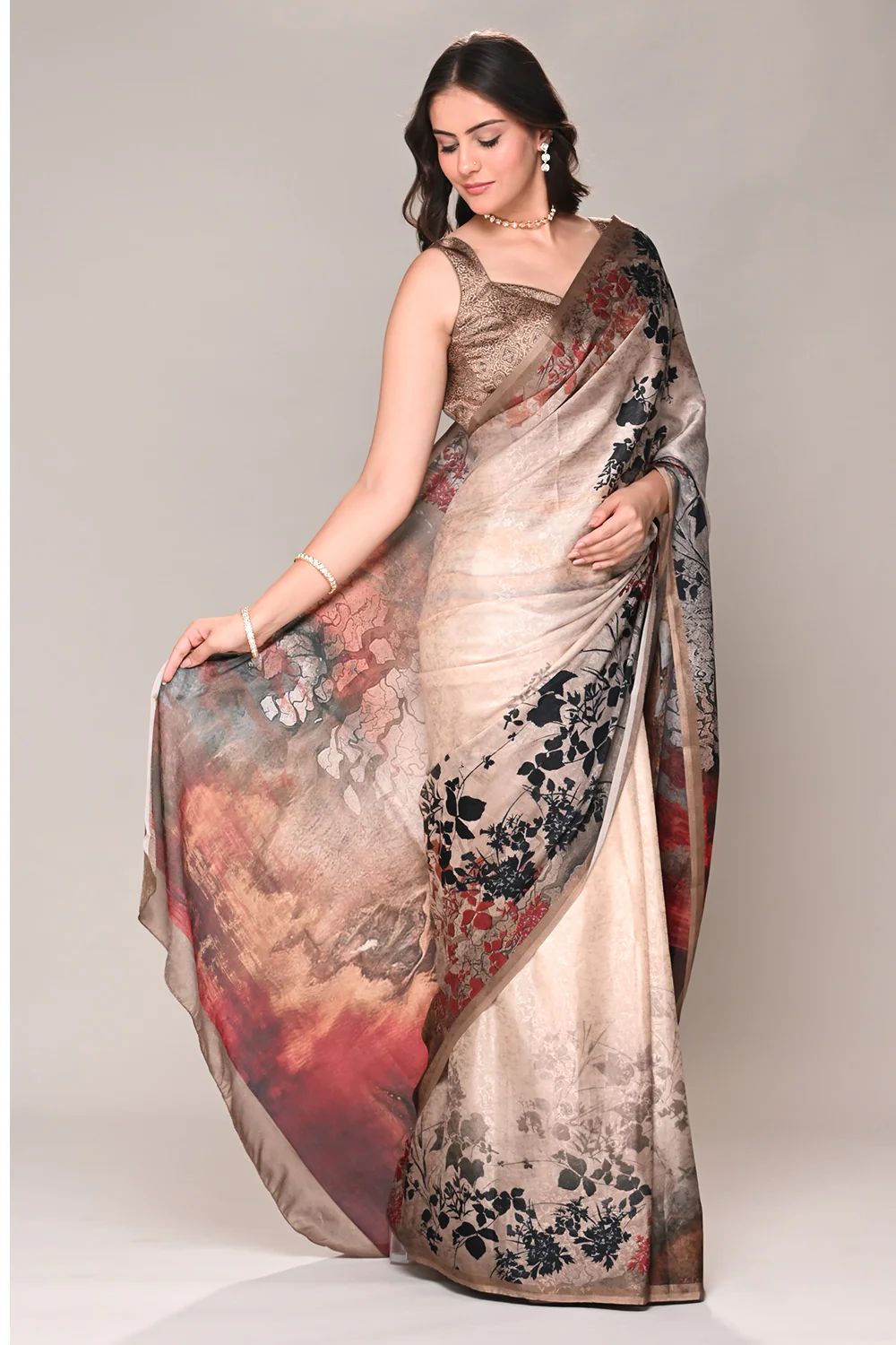 Beige Color Jacquard Silk Printed Saree - Image 2