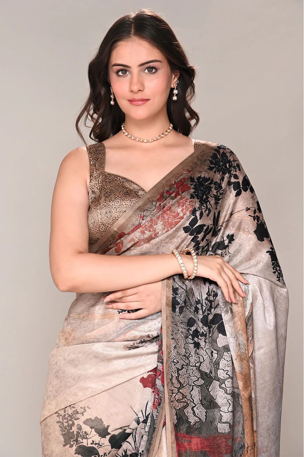 Beige Color Jacquard Silk Printed Saree - Image 8