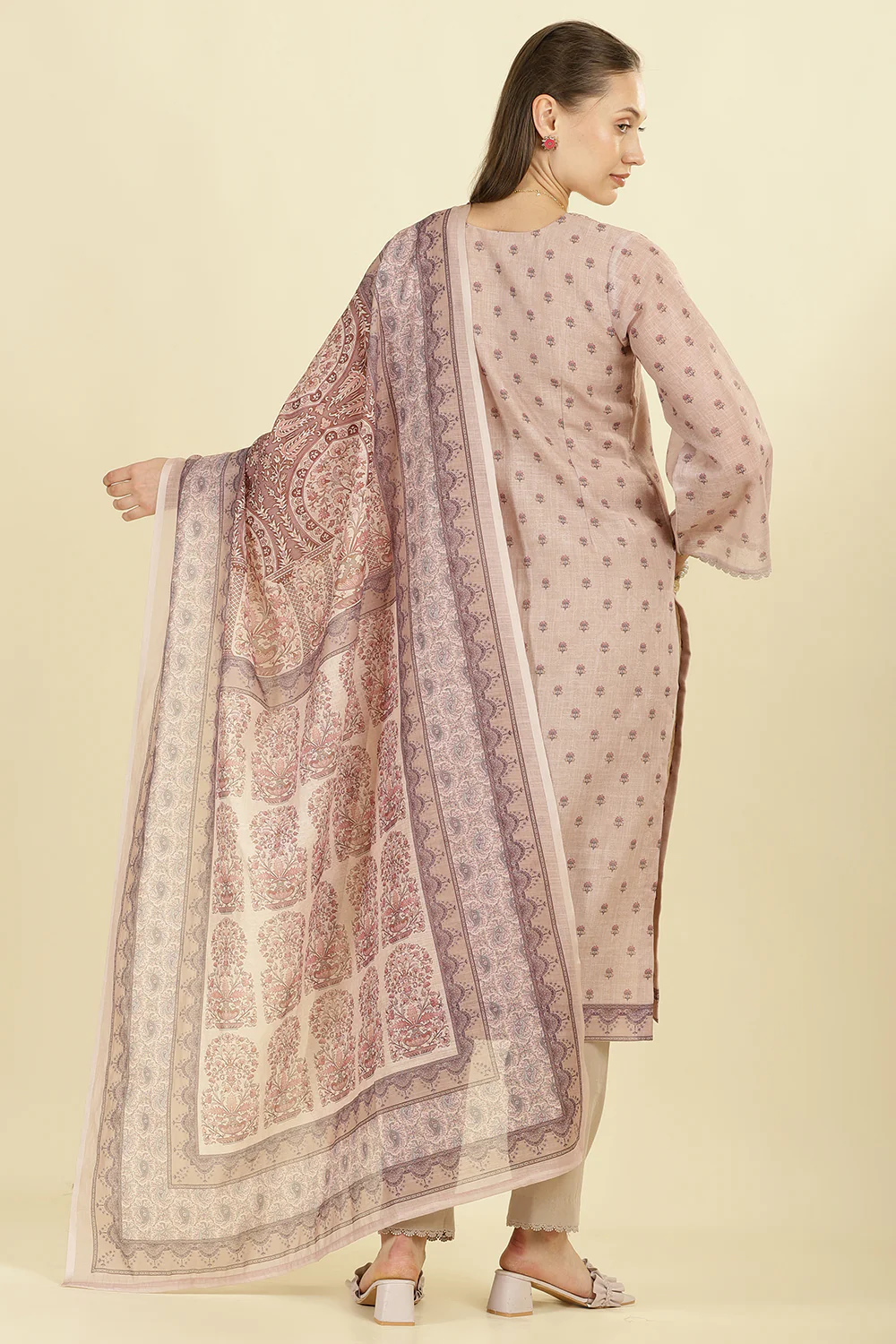 Beige Cotton Floral Printed And Neck-EmborideredUnstitched Suit Material - Image 3