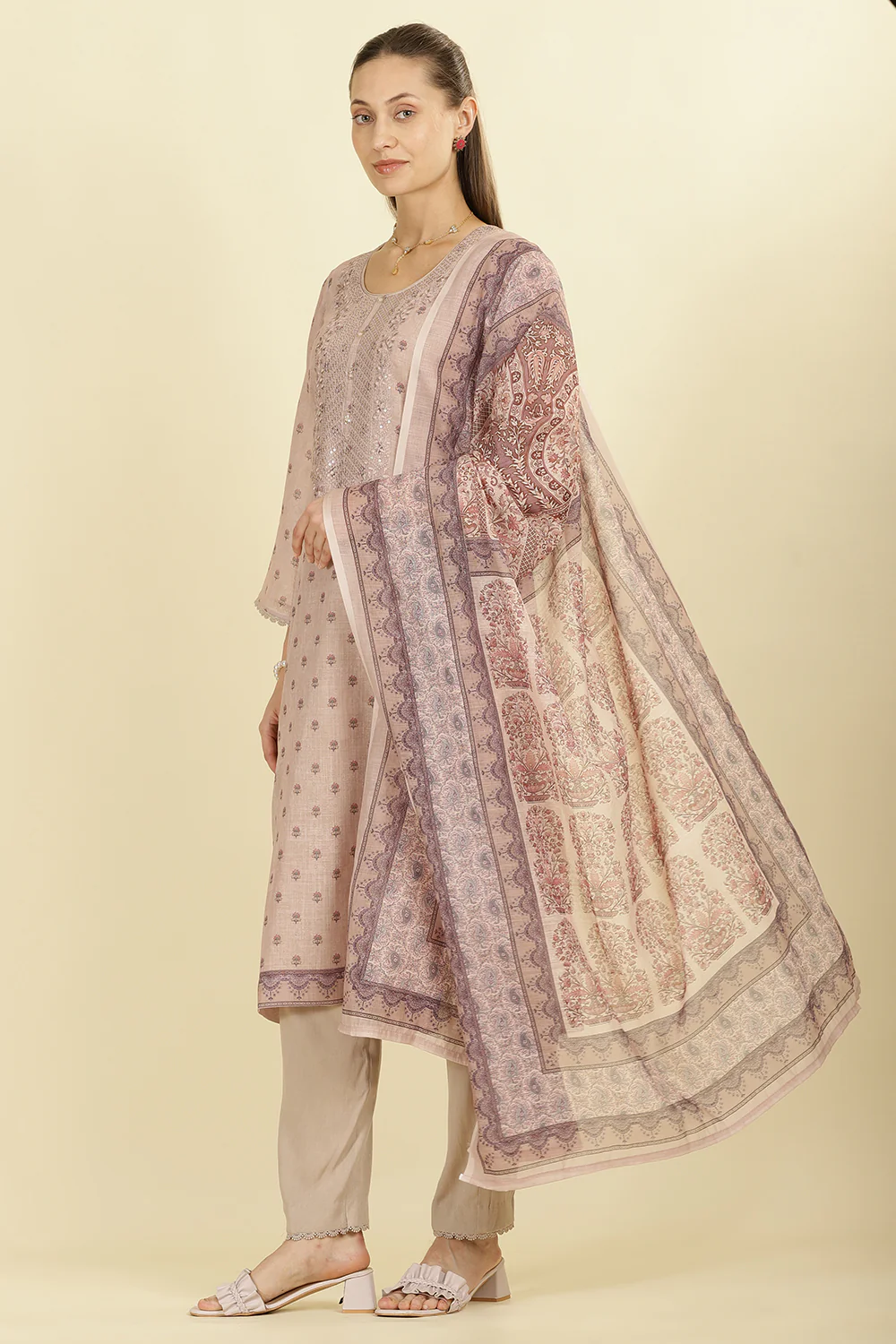 Beige Cotton Floral Printed And Neck-EmborideredUnstitched Suit Material - Image 4