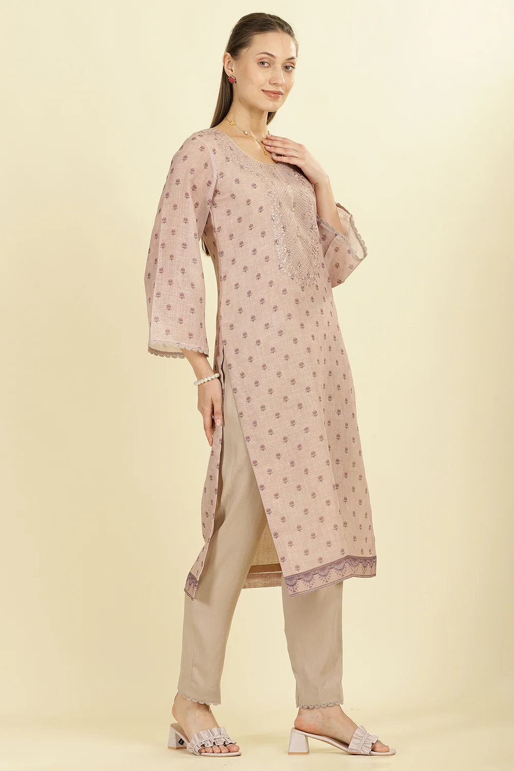 Beige Cotton Floral Printed And Neck-EmborideredUnstitched Suit Material - Image 5