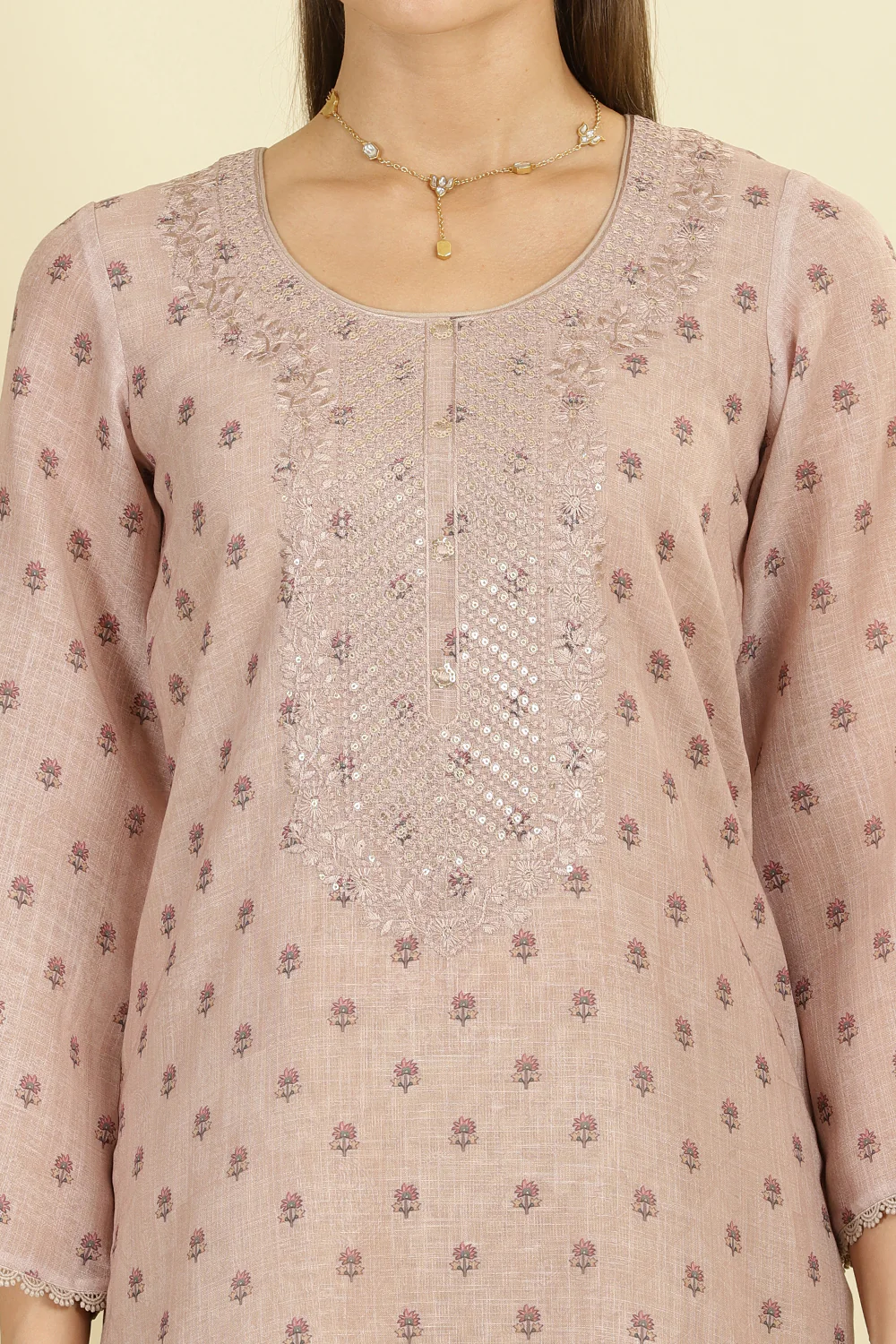 Beige Cotton Floral Printed And Neck-EmborideredUnstitched Suit Material - Image 6