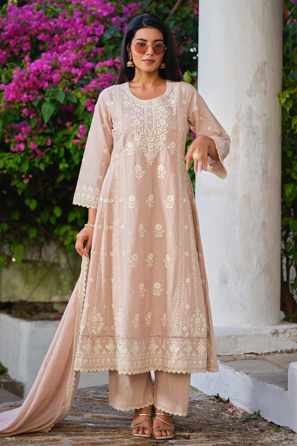 Beige Cotton Resham Embroidered Chikankari  Anarkali  Suit Set - Image 5