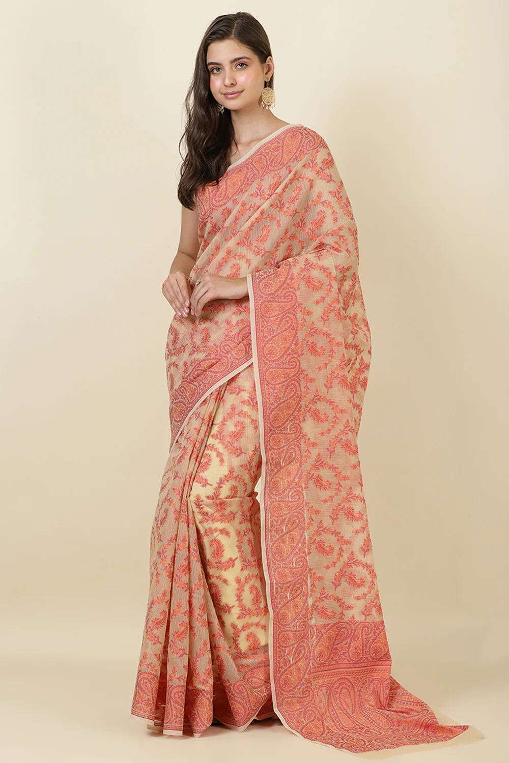Beige Cotton Resham Woven Saree - Image 2