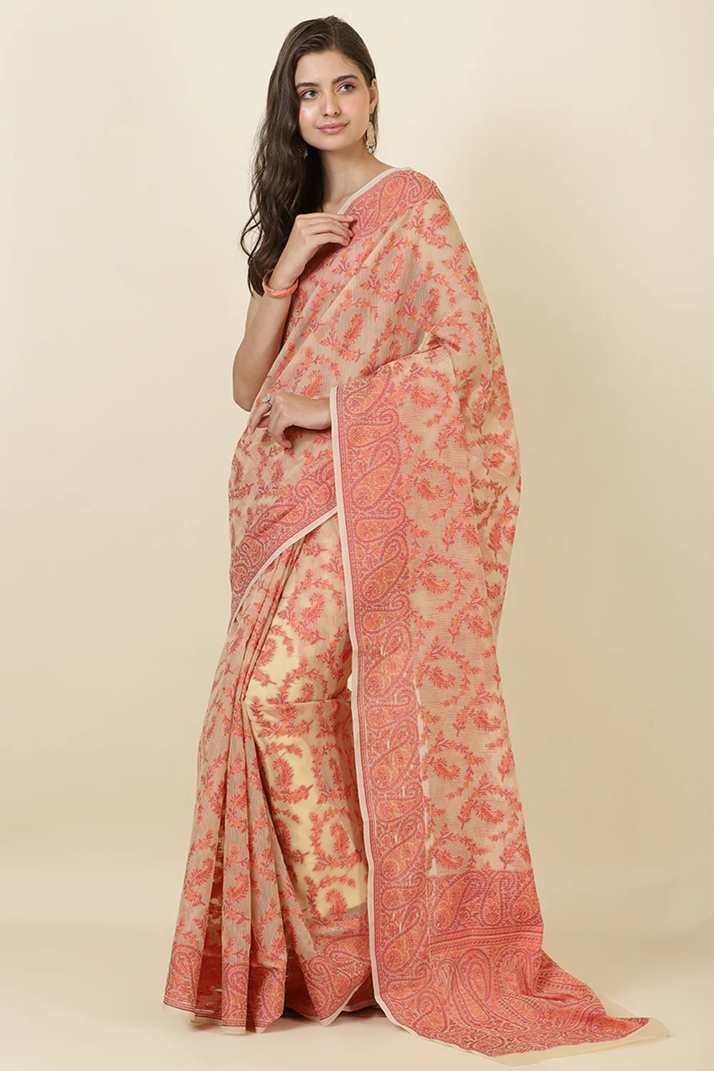 Beige Cotton Resham Woven Saree - Image 5