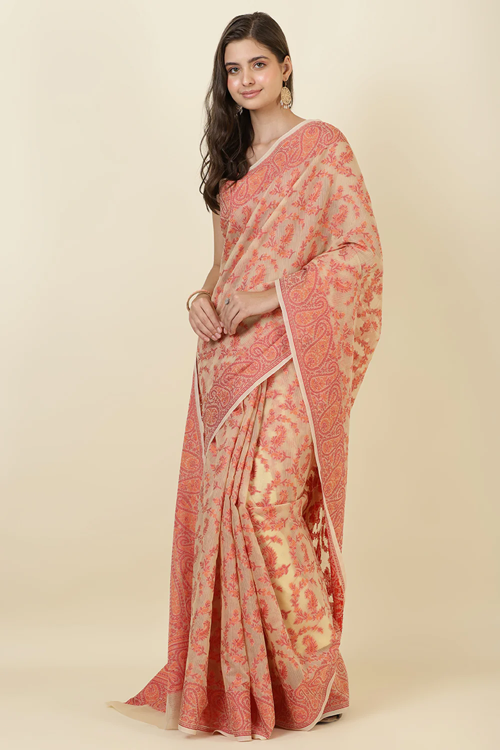 Beige Cotton Resham Woven Saree - Image 6