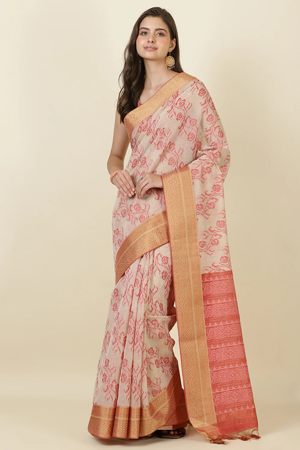 Beige Cotton Woven Saree