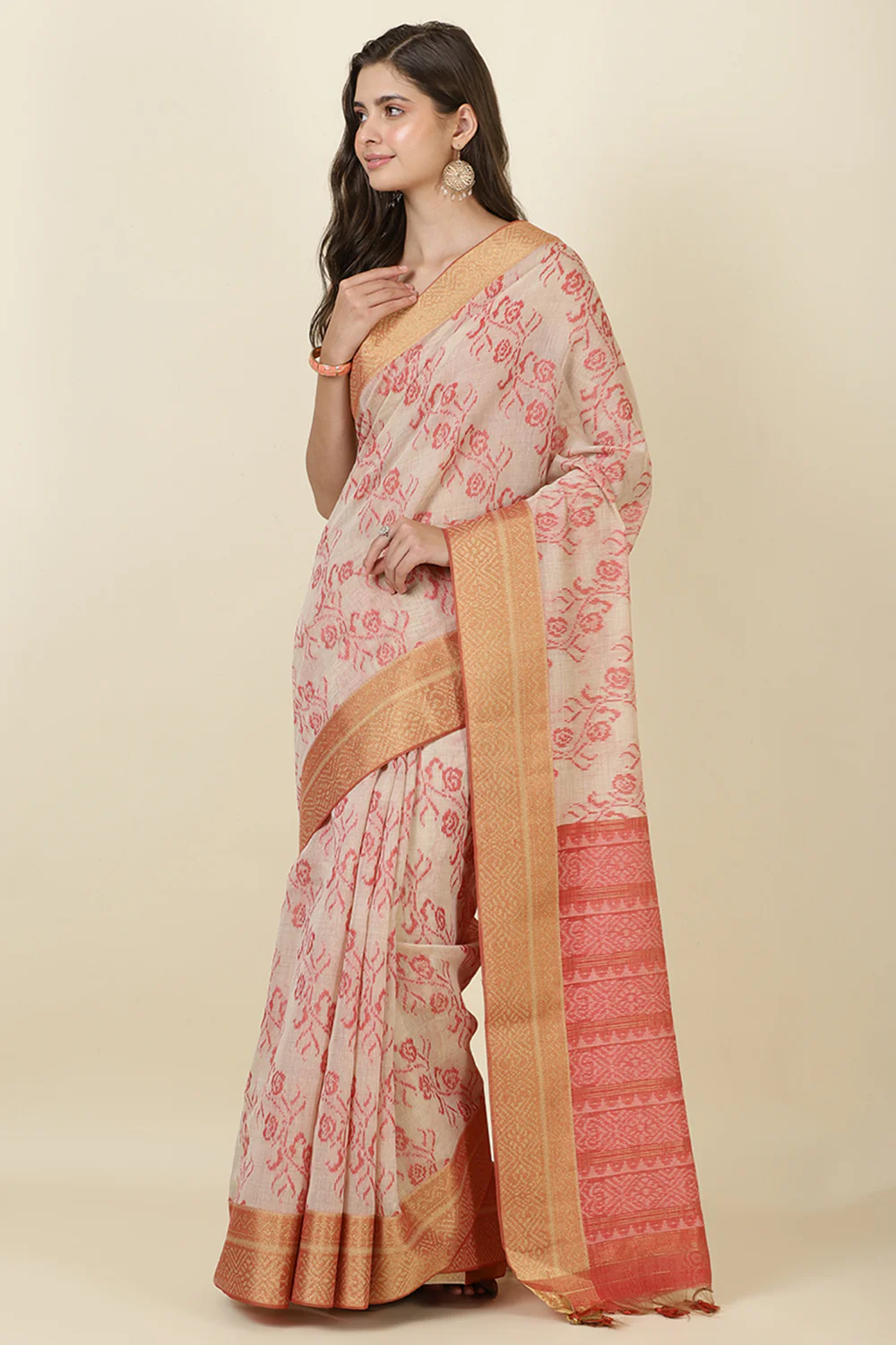 Beige Cotton Woven Saree - Image 2