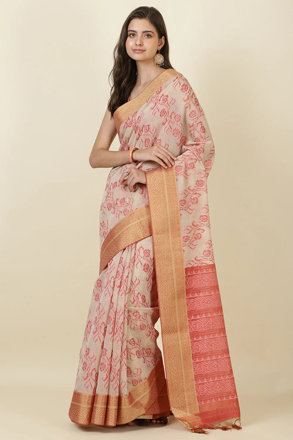 Beige Cotton Woven Saree - Image 4