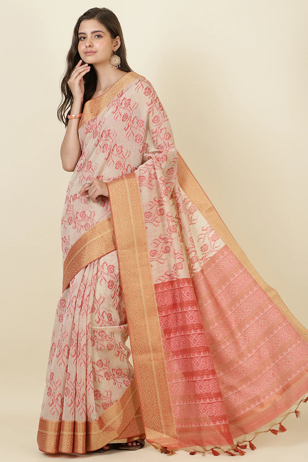 Beige Cotton Woven Saree - Image 5