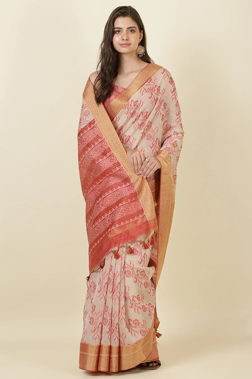 Beige Cotton Woven Saree - Image 6