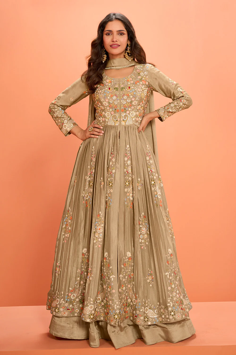 Beige Crepe Silk Embroidered Anarkali Suit With Skirt