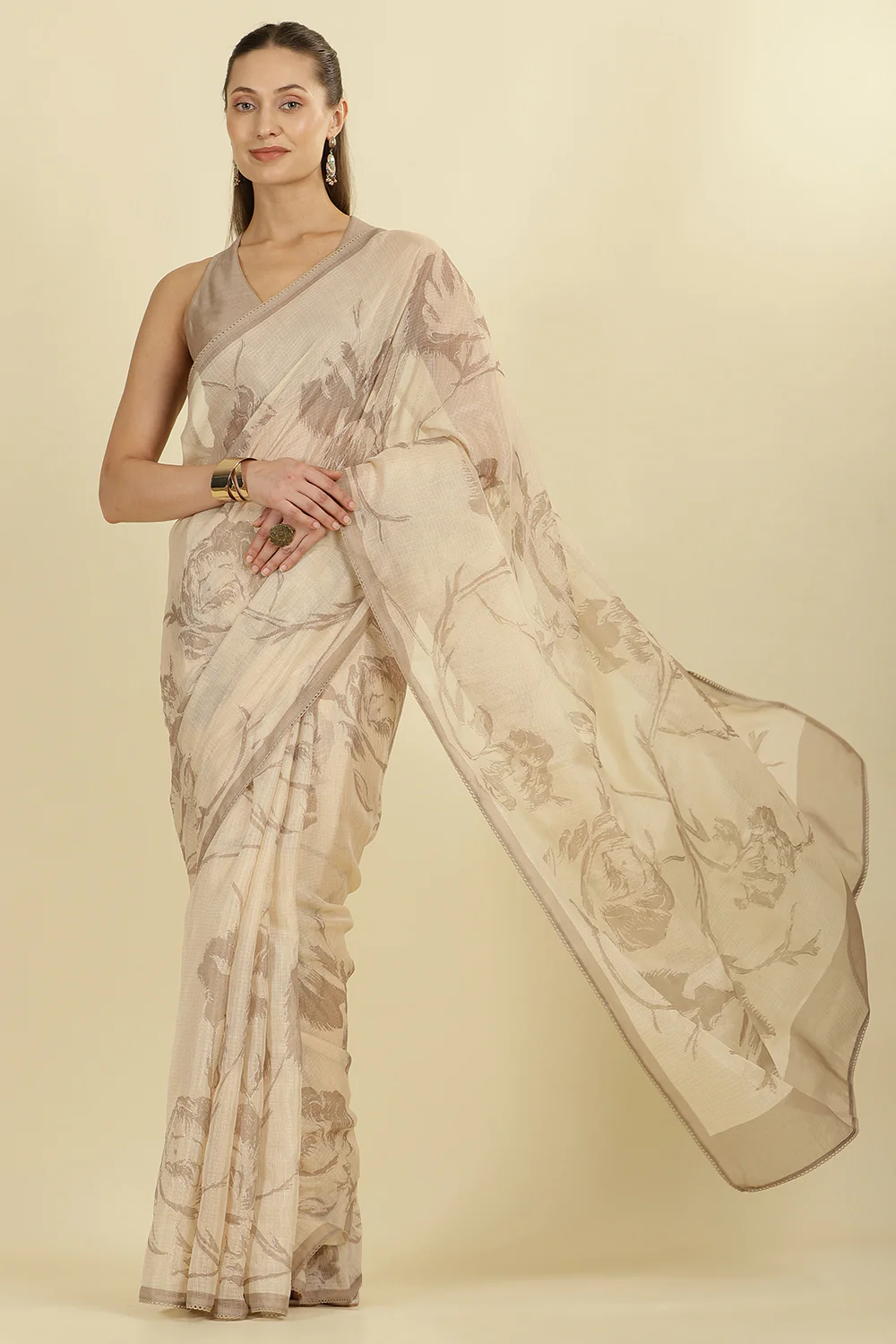 Beige Floral Zari Taar Embroidered Kota Cotton Saree - Image 2