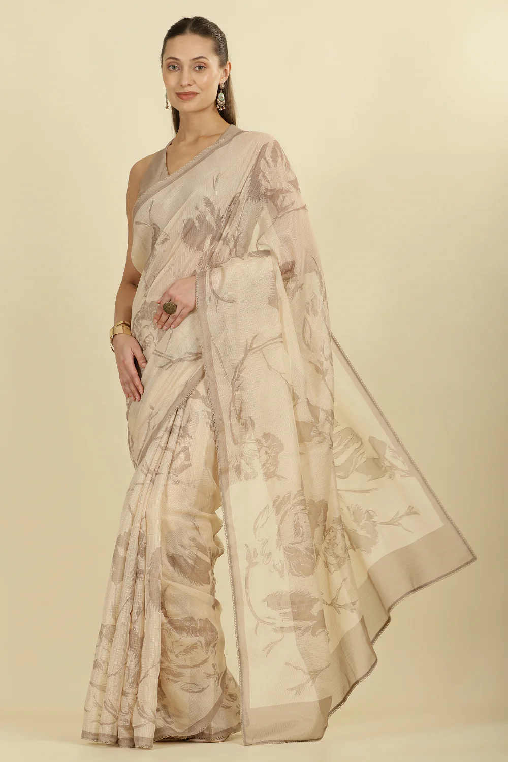 Beige Floral Zari Taar Embroidered Kota Cotton Saree - Image 5