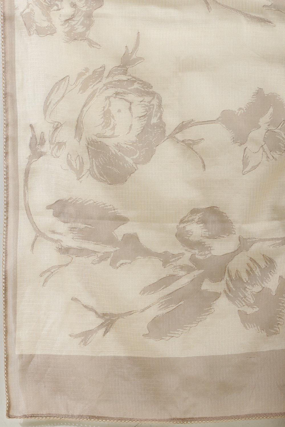 Beige Floral Zari Taar Embroidered Kota Cotton Saree - Image 8