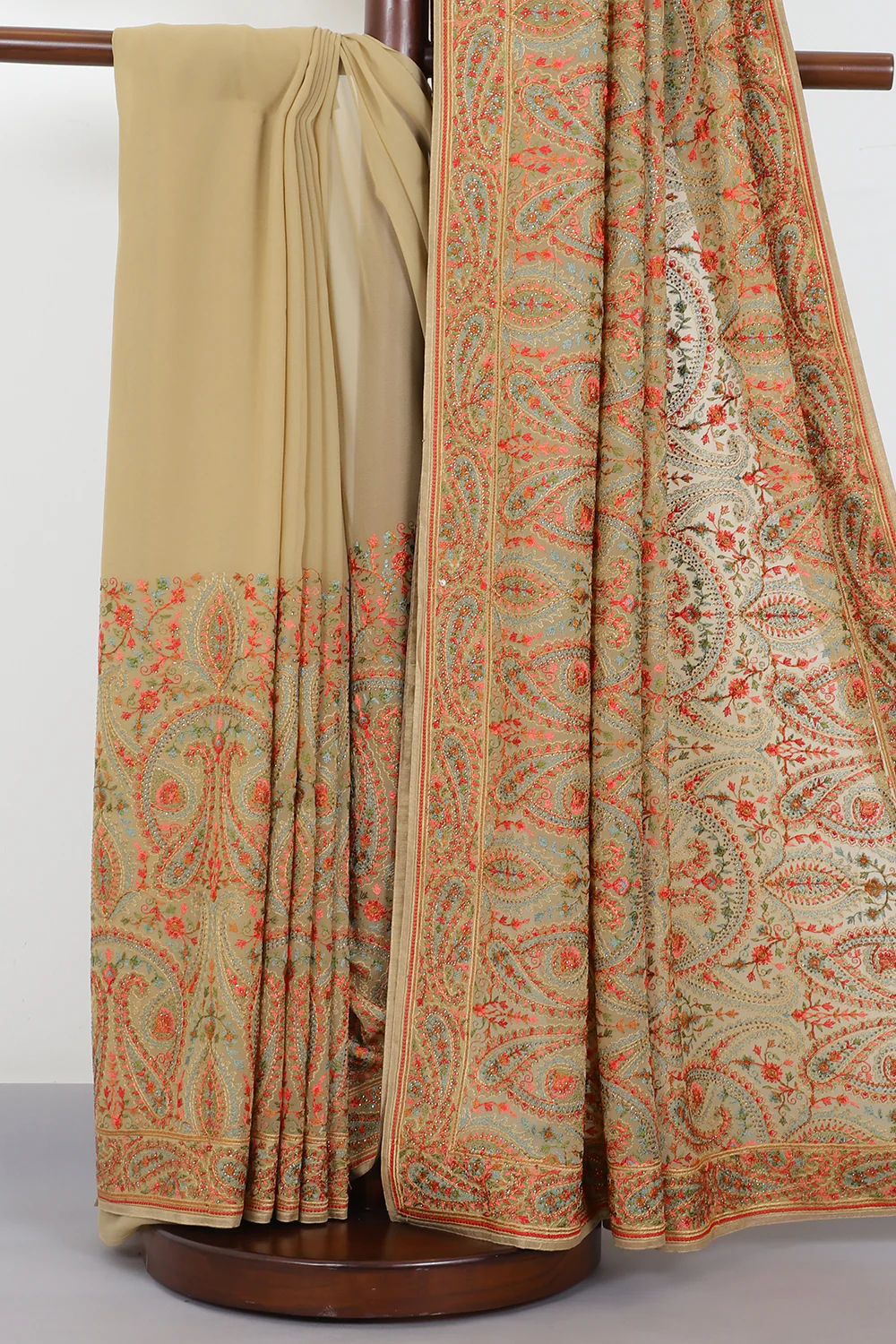 Beige Georggette Resham Embroidered And Swaroski Work Saree - Image 2