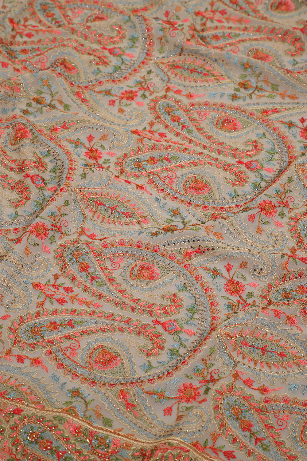 Beige Georggette Resham Embroidered And Swaroski Work Saree - Image 5