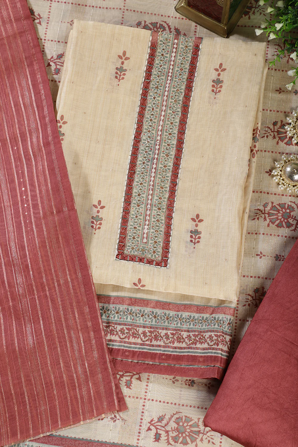 Beige & Light Maroon Chanderi Cotton Floral Printed And Neck Embroidered Unstitched Suit Material - Image 2