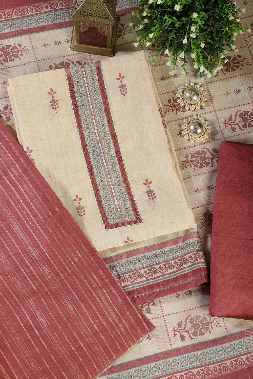 Beige & Light Maroon Chanderi Cotton Floral Printed And Neck Embroidered Unstitched Suit Material - Image 3