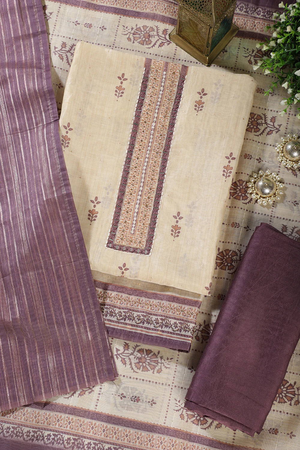Beige & Mauve Chanderi Cotton Floral Printed And Neck Embroidered Unstitched Suit Material