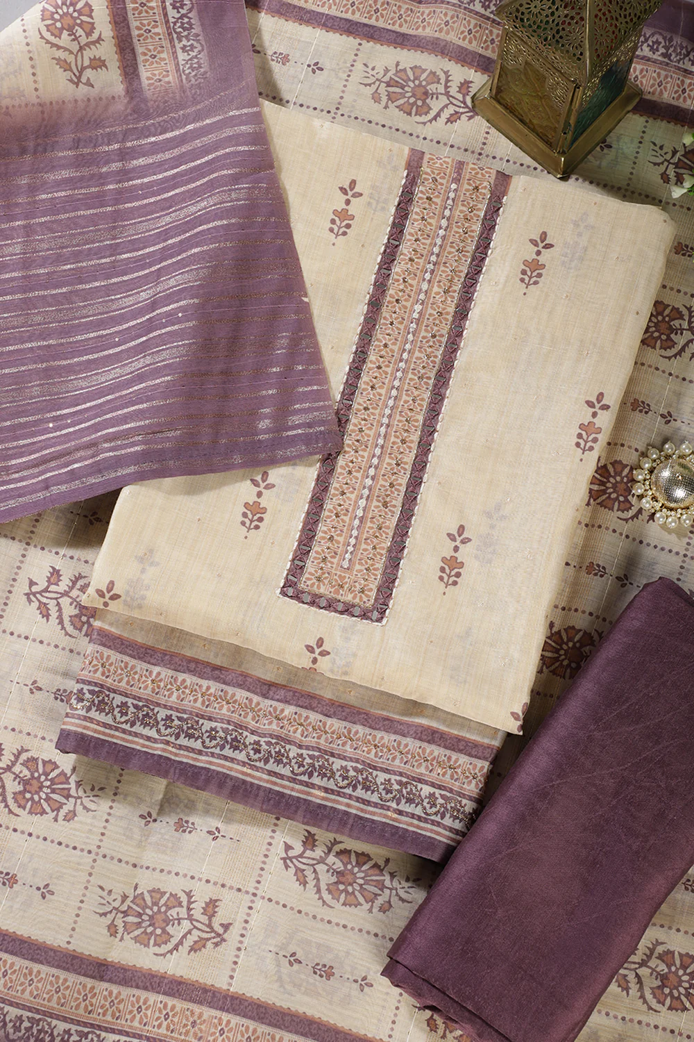 Beige & Mauve Chanderi Cotton Floral Printed And Neck Embroidered Unstitched Suit Material - Image 3