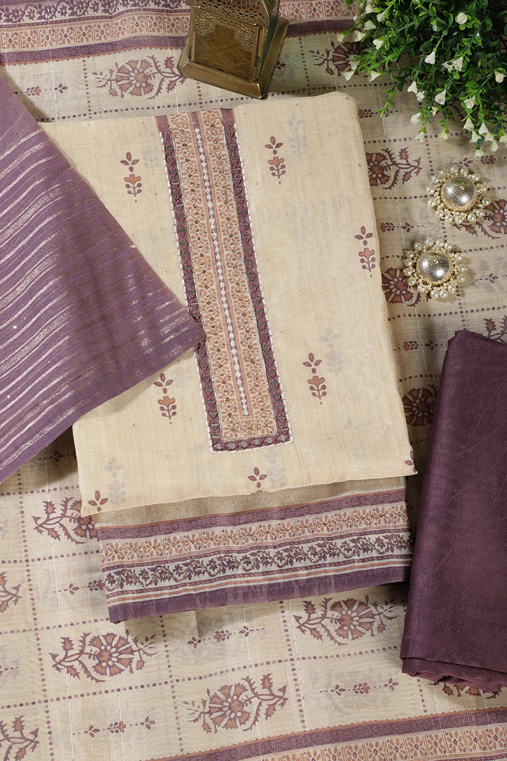 Beige & Mauve Chanderi Cotton Floral Printed And Neck Embroidered Unstitched Suit Material - Image 4