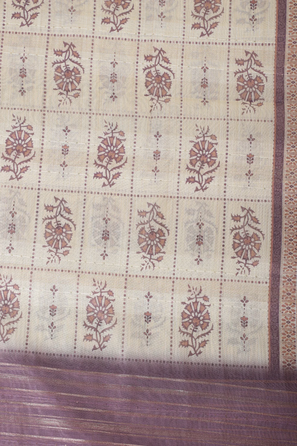 Beige & Mauve Chanderi Cotton Floral Printed And Neck Embroidered Unstitched Suit Material - Image 5