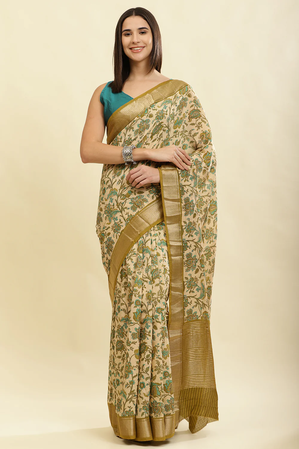 Beige & Olive Green Cotton Silk Floral Printed Saree