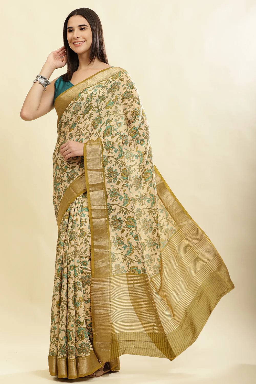 Beige & Olive Green Cotton Silk Floral Printed Saree - Image 2