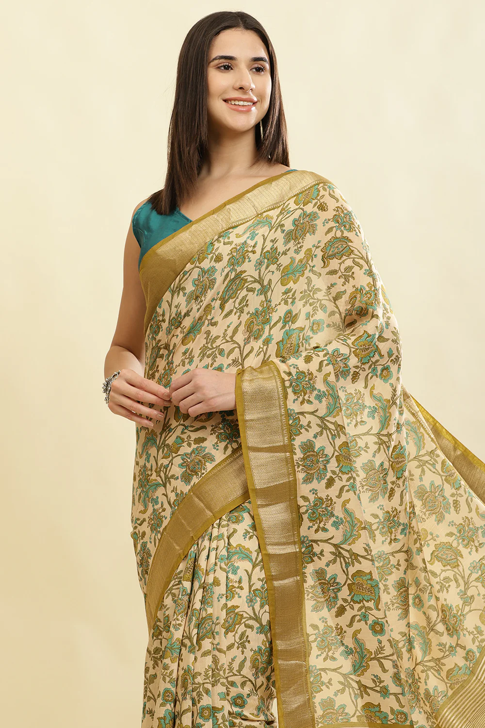 Beige & Olive Green Cotton Silk Floral Printed Saree - Image 6