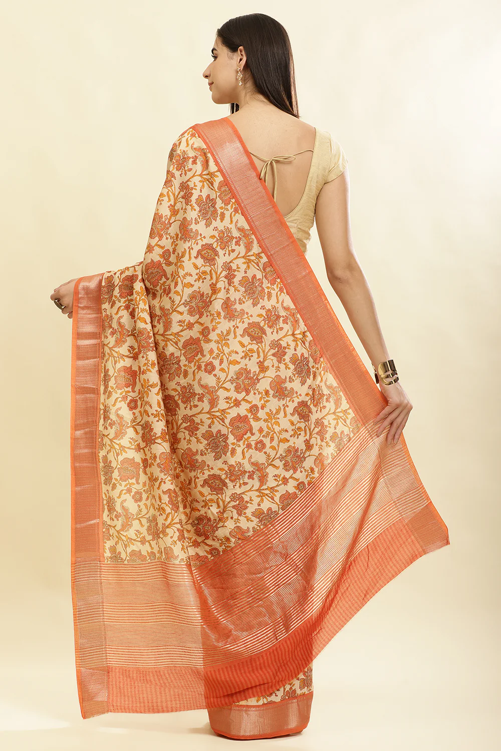 Beige & Orange Cotton Silk Floral Printed Saree - Image 3