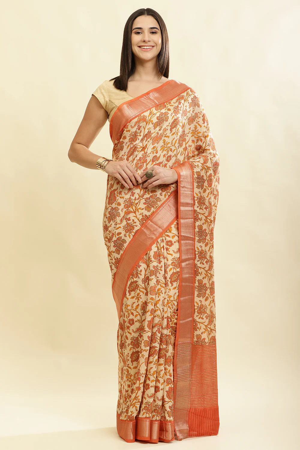 Beige & Orange Cotton Silk Floral Printed Saree - Image 4