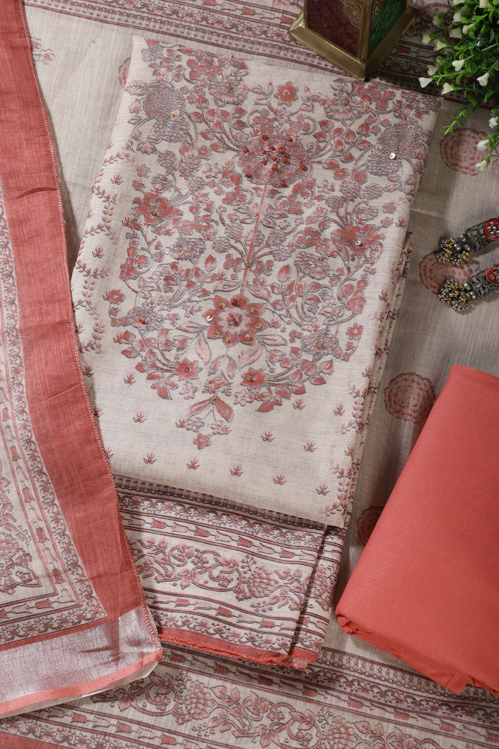 Beige & Peach Floral Printed Unstitched Suit Fabric - Image 2