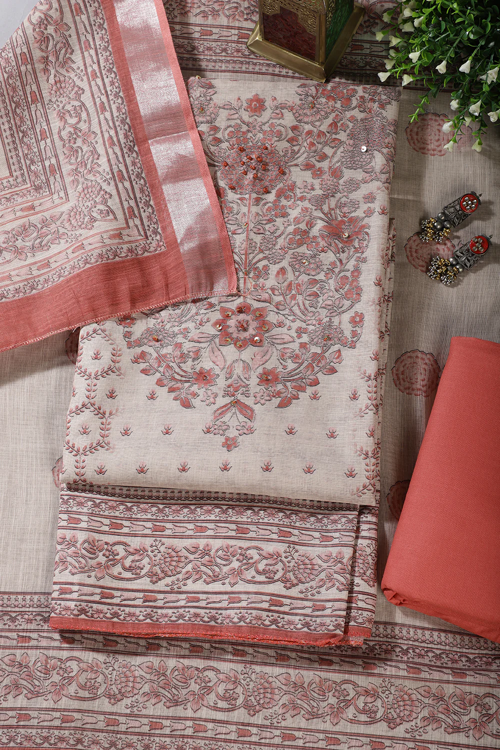 Beige & Peach Floral Printed Unstitched Suit Fabric - Image 3
